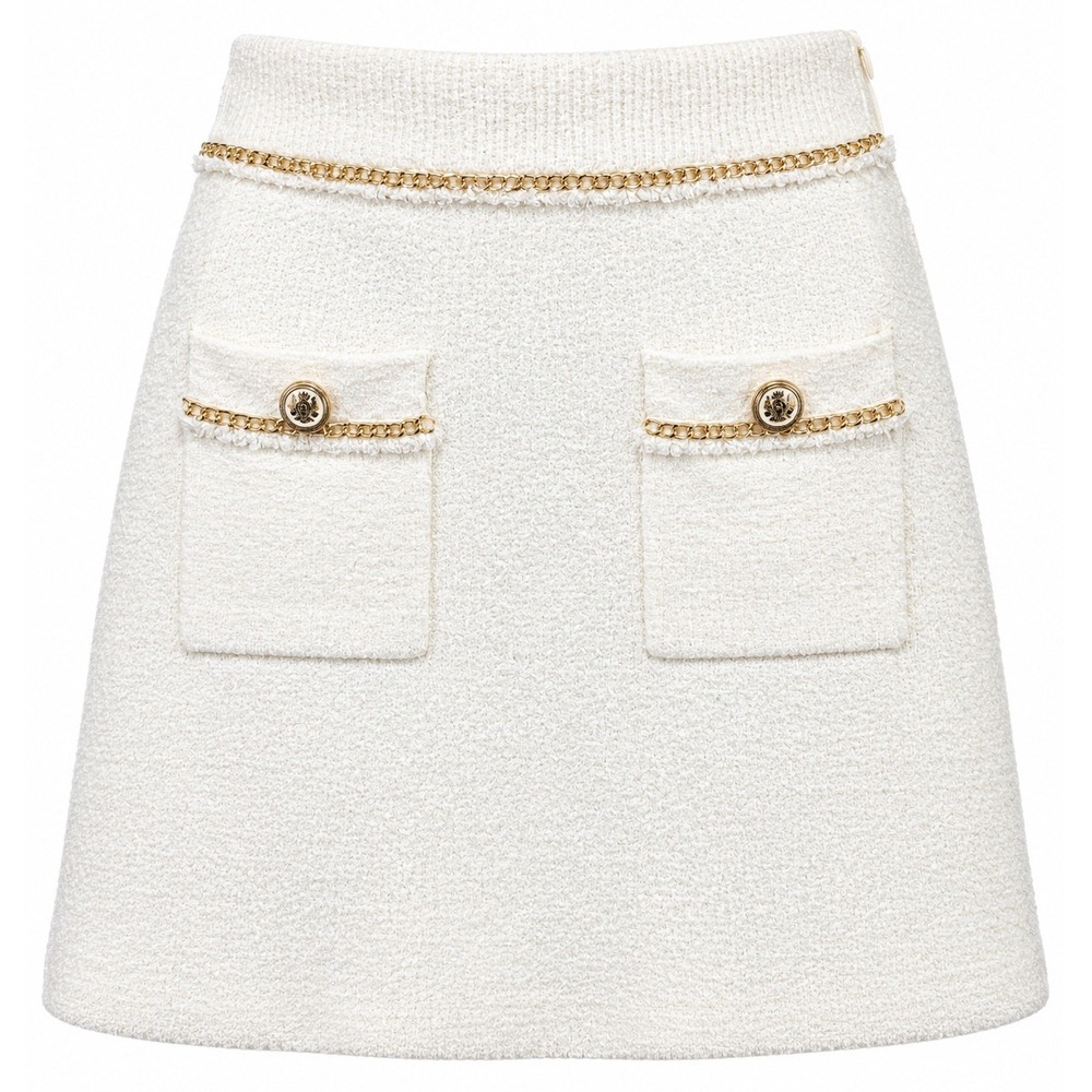Maje Size 36 US 4 Ivory Boucle Tweed Mini Skirt Gold Chain Pocket Detail